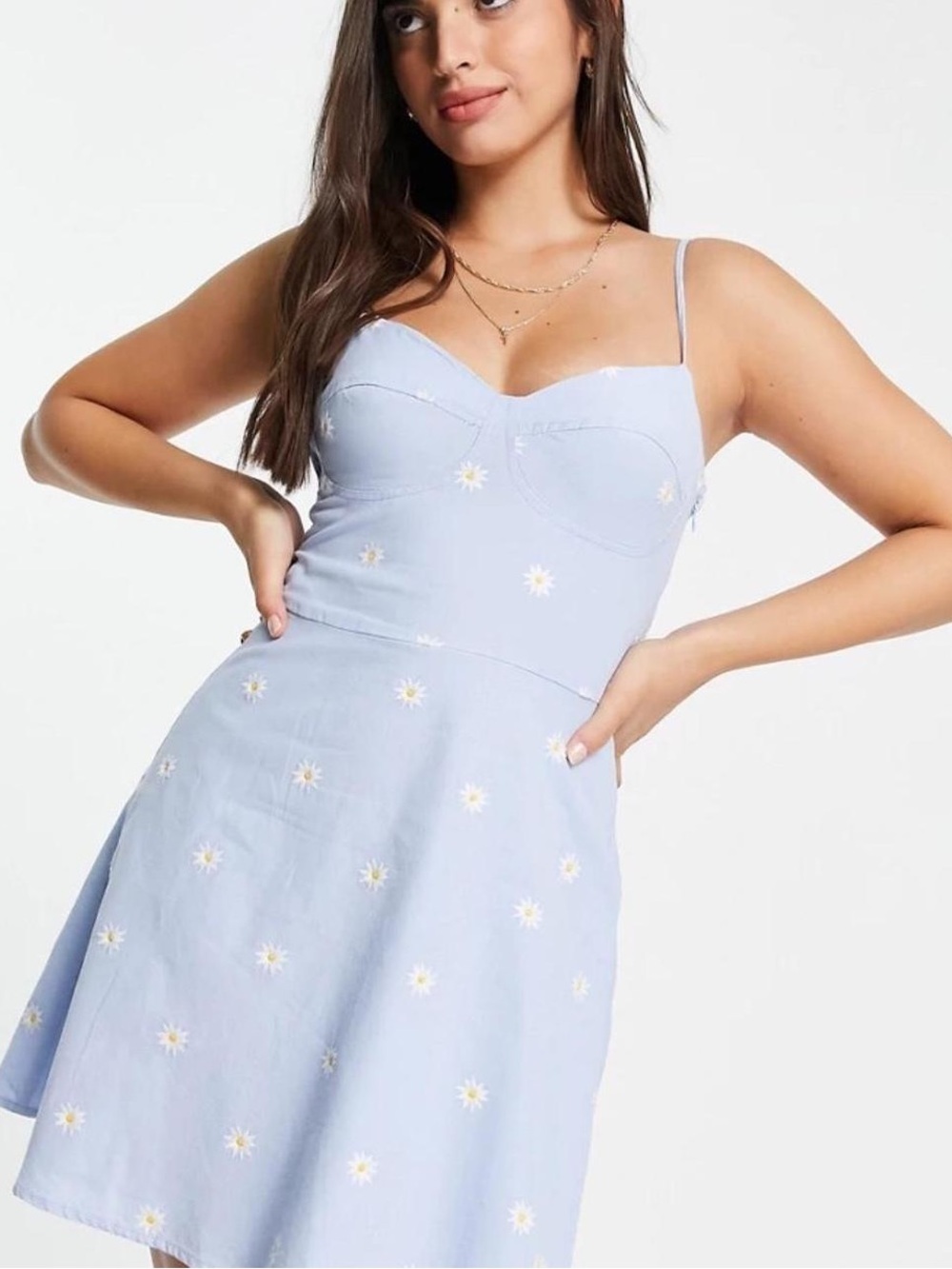 Stradivarius NWOT Baby Blue Floral Embroidery Corset Fit Flare Mini Dress- Large - Picture 4 of 7